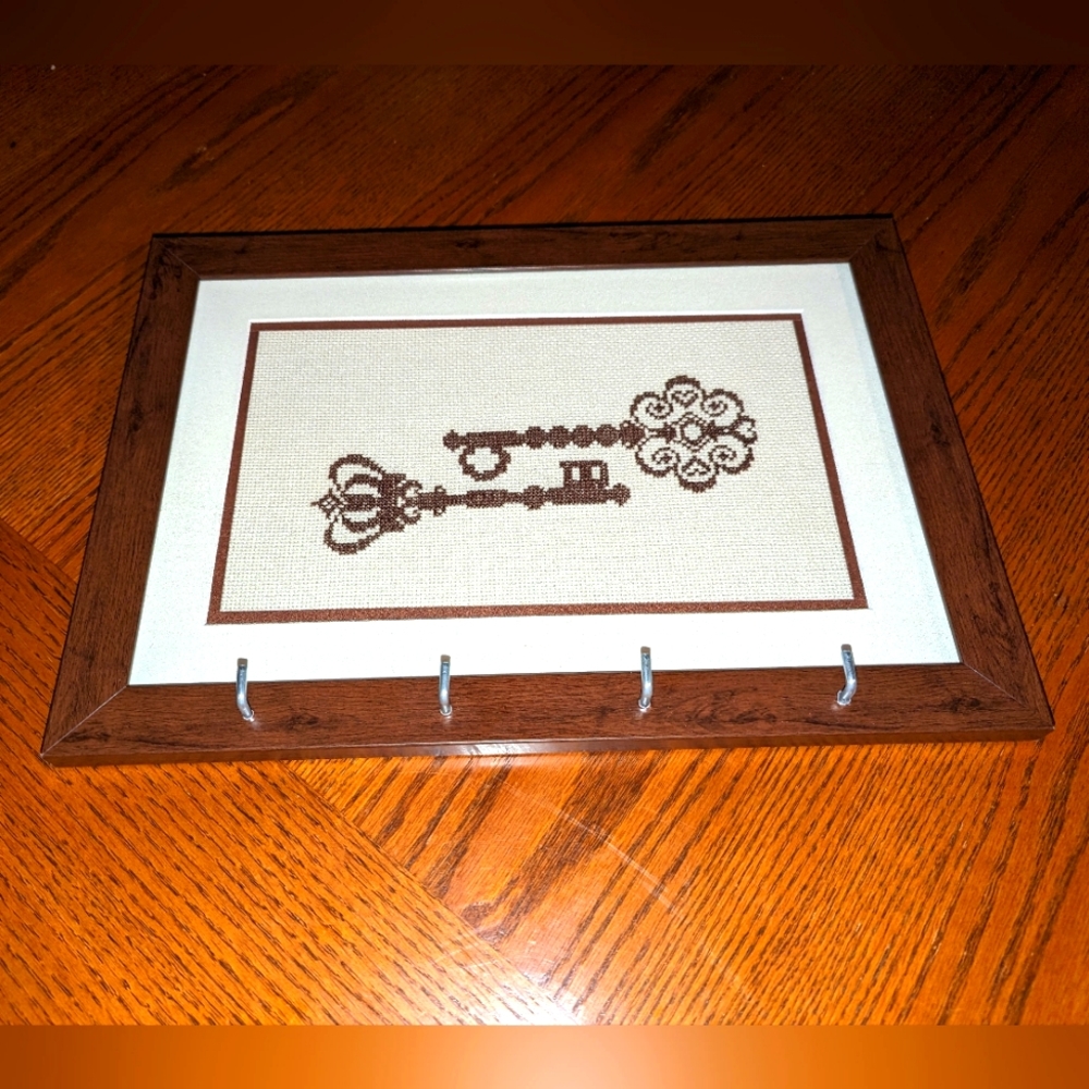 Handmade Cross Stitched 4 Hook Key Holder Custom Made Cherry Color
